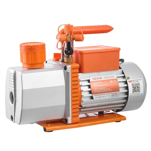 Pro Grade Heavy Duty AC Vacuum Pump And Gauge Kit With Leak Detector, Seven CFM Two Stage Rotary Vane HVAC Pump, Three Quarter HP, Compatible With R134a R22 R410a, Includes Carry Bag And Hose For Auto HVAC Air Conditioning Service. orange and silver rotary vane vacuum pump with carry handle