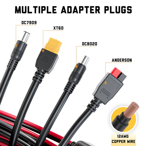 MC4 Solar Panel To Portable Power Station Adapter Cable With XT60 Anderson Connectors DC7909 and DC8020 plugs visible