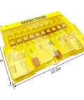 Built Tough Lockout Tagout Station With Clear Viewing Lid Fully Loaded Loto Kit holding 14 padlocks and hasps in a yellow cabinet.