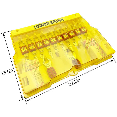 Built Tough Lockout Tagout Station With Clear Viewing Lid Fully Loaded Loto Kit holding 14 padlocks and hasps in a yellow cabinet.