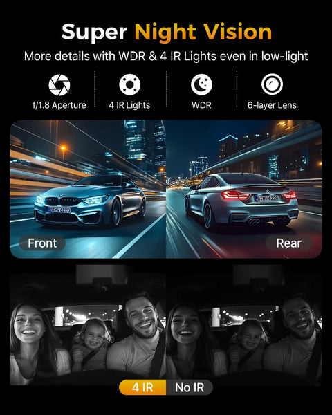 Ultra Clear 4K Triple Channel Dash Cam Front Rear And Inside View, low-light recording with night vision enhancement