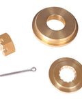 All In One Boat Propeller Hardware Kit For Evinrude Johnson 60HP To 130HP And Mercury Engines Includes Thrust Bushing Spacer Nut Keeper And Cotter Pin For Fast Easy Secure Prop Setup, showing brass components on white background.