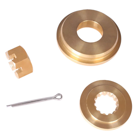 All In One Boat Propeller Hardware Kit For Evinrude Johnson 60HP To 130HP And Mercury Engines Includes Thrust Bushing Spacer Nut Keeper And Cotter Pin For Fast Easy Secure Prop Setup, showing brass components on white background.