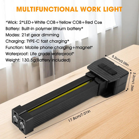 On The Go Magnetic LED Gym Light For Posing And Camping, handheld lantern on table showing dimensions and features.