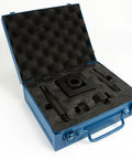 Square 45mm By 45mm One Sixteenth DIN Panel Punch Die Set With Draw Studs in protective case, 12 ton capacity, foam padding.