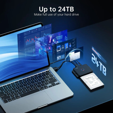 Universal SATA IDE To USB 3.0 Hard Drive Adapter Cable For 2.5 Inch And 3.5 Inch HDD, 2.5 Inch SSD, And 5.25 Inch DVD CD Drives With Plug And Play, Fast Data Transfer, Great For Data Recovery. Black adapter connected to laptop and hard drive, up to 24TB