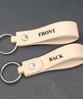 Premium Blank Natural Leather Keychains 10 Pack With Heavy Duty Metal Swivel Clasps showing front and back views.
