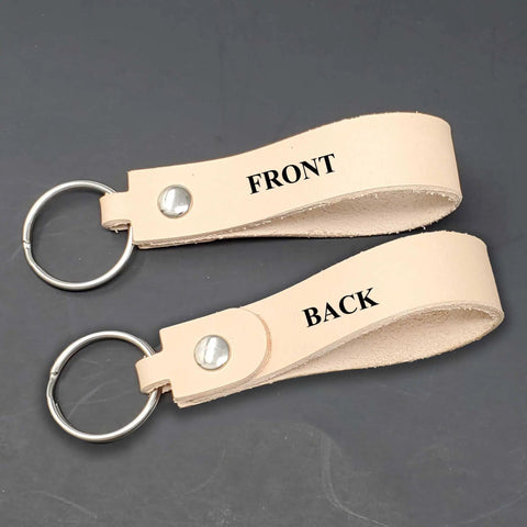 Premium Blank Natural Leather Keychains 10 Pack With Heavy Duty Metal Swivel Clasps showing front and back views.
