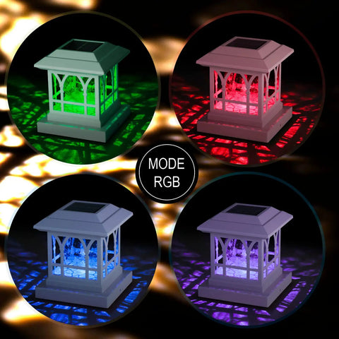 Solar Powered Outdoor Fence Lights RGB and Warm White for 3.6x3.6 to 5x5 Deck Posts, RGB mode display in four colors