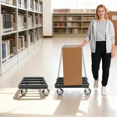 Heavy Duty Furniture Dolly With Smooth Rolling Locking Casters, Rock Solid Steel Folding Moving Platform, No Sweat Collapsible Hand Truck For Quick Sofa And Machine Moving, 1200 Lb Capacity, with a woman moving a box in a library.