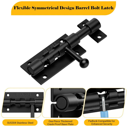 Built Like A Tank 4 Inch Slide Door Lock Latch Hella Durable SUS304 Stainless Steel Barrel Bolt For Outdoor Gate showing black finish and padlock hole.