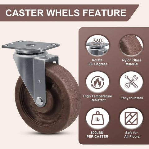 Heavy Duty 5 Inch High Temp Caster Wheels Rock Solid Heat Resistant Nylon Roller Set Of Four with 360-degree rotation feature.