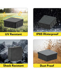 Four views of Ip65 Waterproof Project Box With Screwless Cover, Outdoor Electrical Enclosure, 3.5x3.5 inches, showing UV, waterproof, shock, and dust proof features.