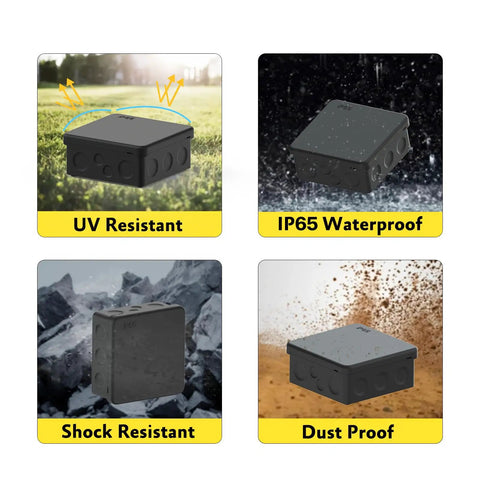 Four views of Ip65 Waterproof Project Box With Screwless Cover, Outdoor Electrical Enclosure, 3.5x3.5 inches, showing UV, waterproof, shock, and dust proof features.
