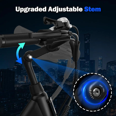High Power 1000W Peak Electric Bike For Adults With 22 MPH Top Speed And 60 Mile Range adjustable stem feature.