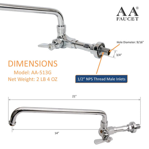 Wall Mount Commercial Manual Wok Range Faucet With 14 Inch Swing Spout, Brass Construction Chrome Polished, NSF Approved For Restaurant Kitchens, Heavy Duty Pro Grade Kitchen Faucet, dimensions shown.