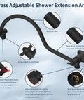Brass adjustable shower extension arm with matte black finish, stainless steel details, and locking mechanisms