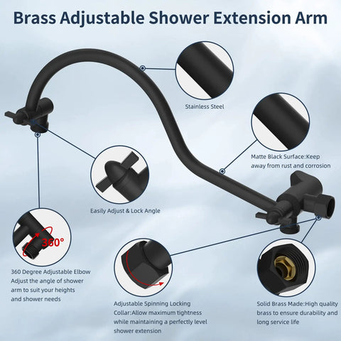 Brass adjustable shower extension arm with matte black finish, stainless steel details, and locking mechanisms