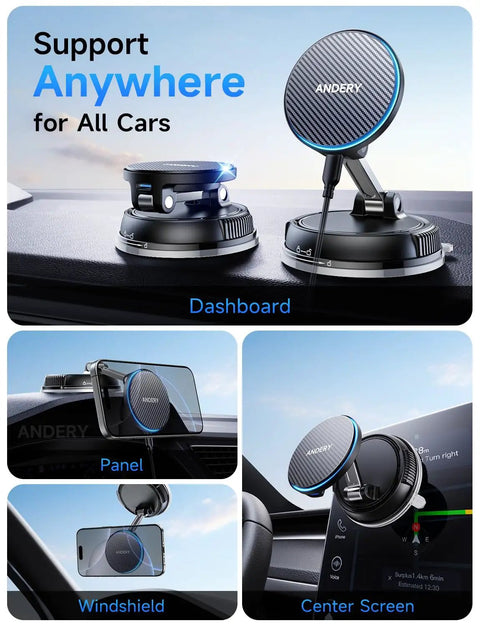 MagSafe Car Mount Charger for iPhone with 15W Fast Wireless Charging on dashboard and windshield, adjustable 360° rotation.