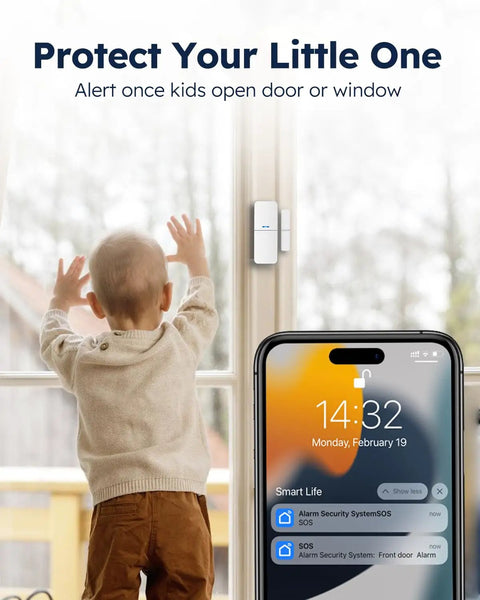 DIY WiFi Door Alarm System For Home Security 8 Piece Kit With Siren Door Window Sensors And Remote Alexa Compatible With Phone App Alerts Wireless Smart Home Protection, showing child near window with sensor and phone app alert on screen.