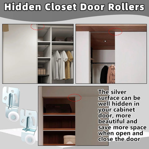 12 Pcs Closet Sliding Door Roller Kit With 24 Screws For Top Hung Bypass Closet And Kitchen Doors, Includes One Quarter Inch And One Half Inch Wheels For Easy Replacement And Smooth Operation, installed in a closet.