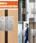 3 Pack Heavy Duty 304 Stainless Steel Door Hinges With Ball Bearings Built Like A Beast No Sweat Rust Protection Square 4X4 Inch Plates Smooth Swing For Interior Wooden Doors Cabinet Hardware And DIY Fixer Upper Renovations, installed on various doors.