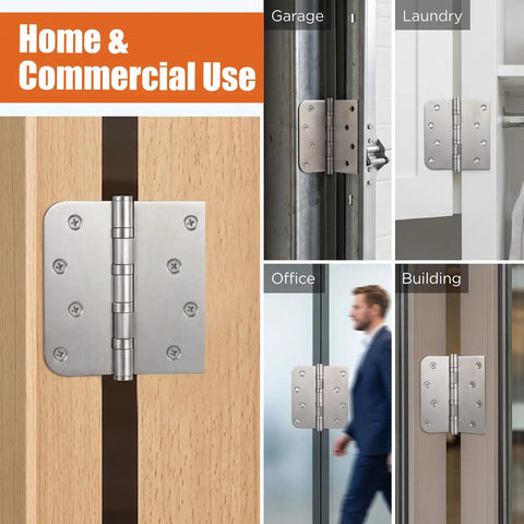 3 Pack Heavy Duty 304 Stainless Steel Door Hinges With Ball Bearings Built Like A Beast No Sweat Rust Protection Square 4X4 Inch Plates Smooth Swing For Interior Wooden Doors Cabinet Hardware And DIY Fixer Upper Renovations, installed on various doors.