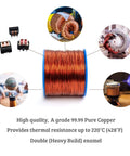 20 AWG Magnet Wire Enamel Copper for Transformers and Motors, 8 Oz 157 Ft, front view with copper wire coil and usage examples