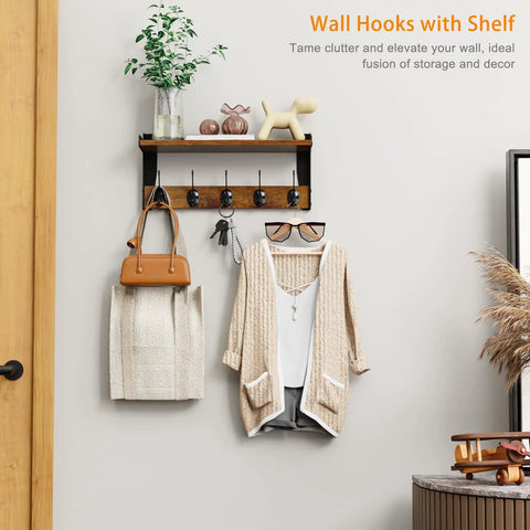 Top Tier Wall Mounted Wood Coat Rack With Five Heavy Duty Metal Hooks And Rustic Brown Shelf For Bedroom Bathroom Entryway No Sweat Setup Ultimate Daily Storage Solution Super Durable, showcasing accessories, bags, and plants.