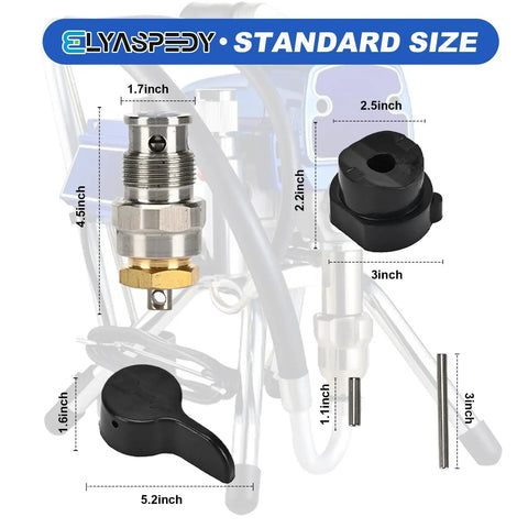 Prime Spray Valve Kit Replacement for Airless Paint Sprayers showing parts dimensions, compatible with Graco models.