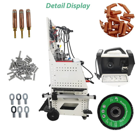 Two In One Aluminum Dent Pulling And Spot Welding Machine with accessories, showing cart and digital control, 220V, M3-M6 studs.