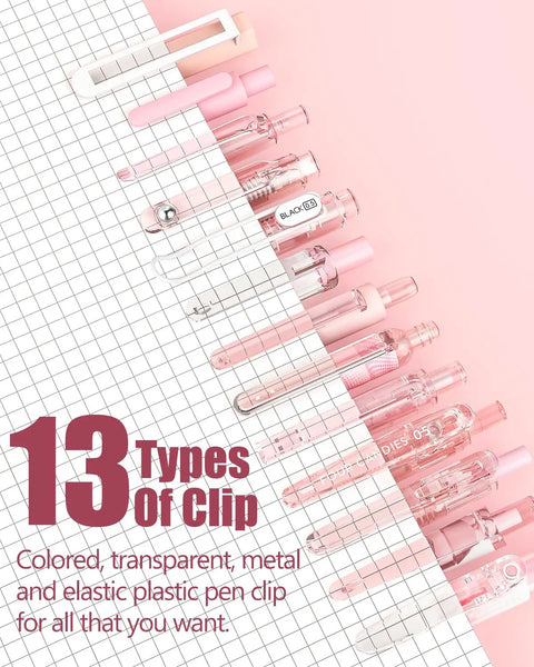 13 types of clips on Cute Pink Ink Pens And Highlighters Set For School And Office, Retractable 0.5mm Smooth Writing, 14-piece kit