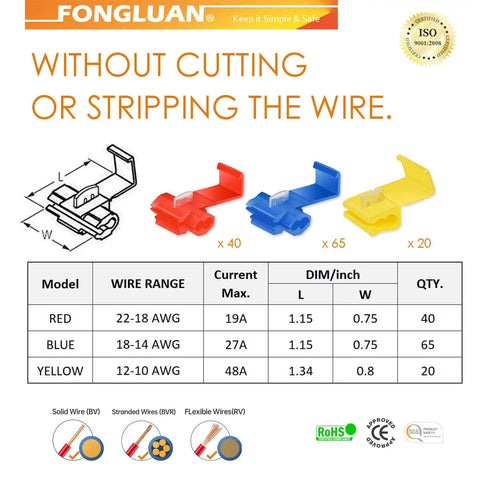 Diagram and chart detailing the Must Have 125 Pack Solderless Quick Splice Wire Connectors Kit for automotive wiring.