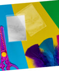 50 Pack Waterproof Card Sleeves With Magnetic Shielding Protectors against scissors and feathers on colorful background