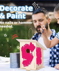 DIY Wooden Bird House Kit For Kids And Adults with girl painting unfinished birdhouse, no hammer needed.