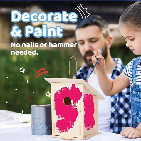 DIY Wooden Bird House Kit For Kids And Adults with girl painting unfinished birdhouse, no hammer needed.
