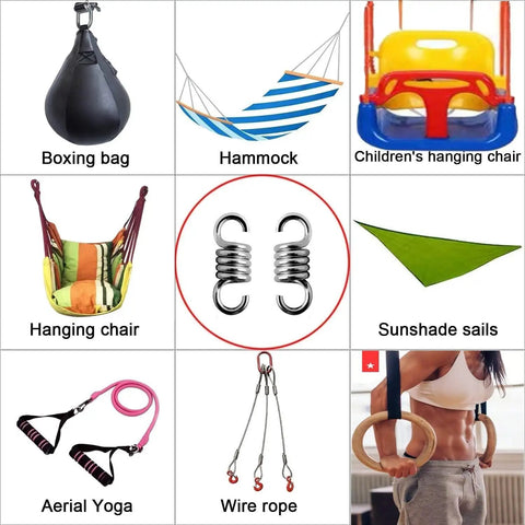 Heavy Duty Hammock Chair Spring 1100Lbs 4 Inch Hook For Porch Swing Outdoor Patio Premium Stainless Steel Suspension System That Absorbs Shocks For A Smoother Safer All Day Chill Vibes, shown with various applications including hammocks and hanging chairs.
