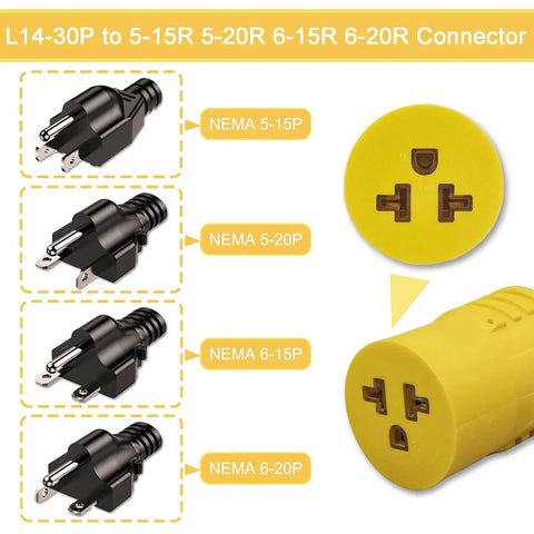 Real Tough No Sweat Generator Adapter Nema L14-30P To 5-15 20R includes various NEMA connectors for versatile power transfer.