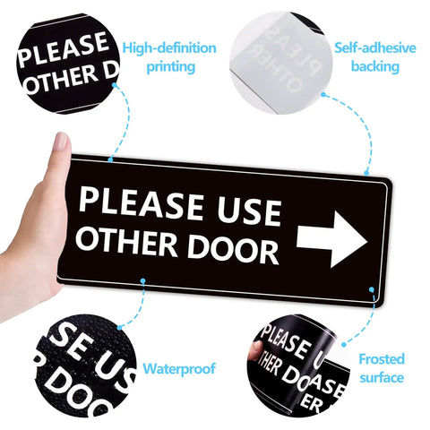 2 Pack Please Use Other Door Sign With Left Right Arrow Self Adhesive Weatherproof Vinyl Entrance Sticker in hand