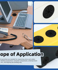 Slick Two Inch Desk Cable Grommets With Rapid Hole Saw And Fifteen Nylon Strap Ties For No Brainer Wire Routing And Tight Cord Setup On Your Modern Office Or Home Desktop Pack Of Ten - black grommets organized on various surfaces.