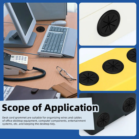 Slick Two Inch Desk Cable Grommets With Rapid Hole Saw And Fifteen Nylon Strap Ties For No Brainer Wire Routing And Tight Cord Setup On Your Modern Office Or Home Desktop Pack Of Ten - black grommets organized on various surfaces.