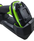 Hardcore Rugged Cordless Barcode Scanner Kit Built For The Grind With Direct Part Marking And Bluetooth 2D 1D Imager showing charging cradle and scanner.