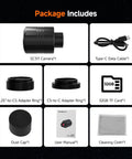 Package content of WiFi Telescope Camera With 30 Second Exposure IMX662 Sensor 2.1MP 1.25 Inch 2500mAh Battery 32GB Storage including adapters, cable, and manual.