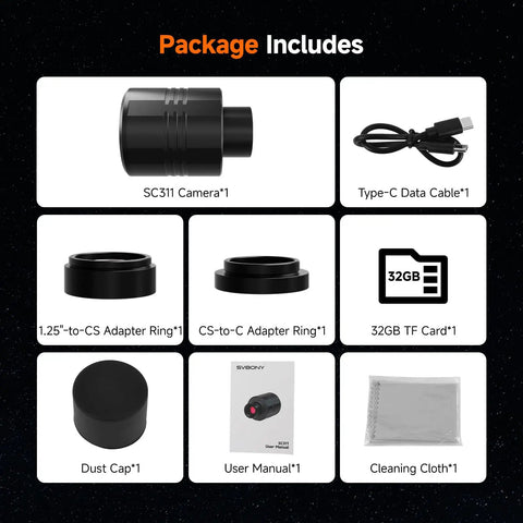 Package content of WiFi Telescope Camera With 30 Second Exposure IMX662 Sensor 2.1MP 1.25 Inch 2500mAh Battery 32GB Storage including adapters, cable, and manual.