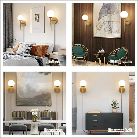 Four settings with Mid Century Modern Globe Wall Sconce Set Of Two, Brushed Brass Finish With Frosted White Glass Globes in various rooms.