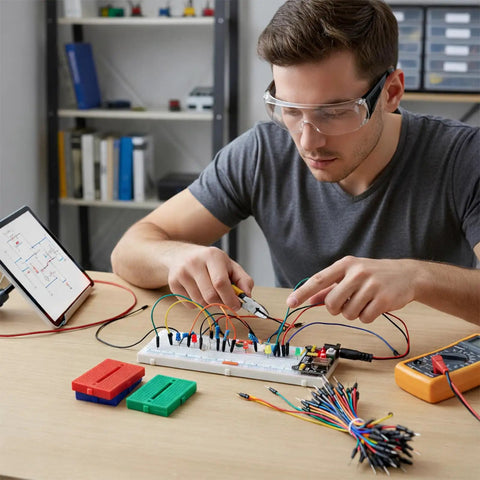 Flexible Wires Included In A Breadboard Kit With 9V Power Module And Dual 5V And 3.3V Outputs For Arduino IoT And STEM Projects Includes 3 Color Coded 170 Tie Point Mini Boards For Quick Prototyping And Easy Debugging. man prototyping on breadboard with wires