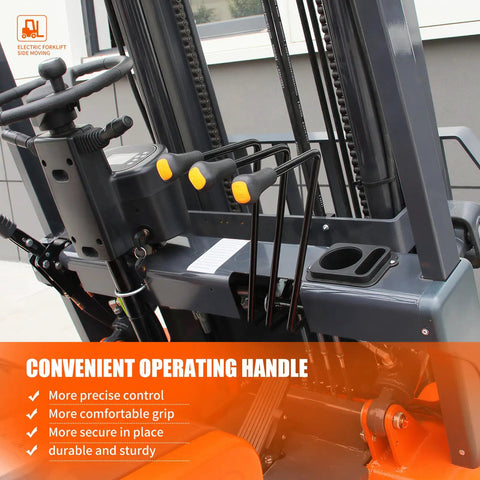 Heavy Duty Electric Forklift With 2.5 Ton Lift Capacity, Industrial Pallet Stacker for Warehouse logistics operating handle details.
