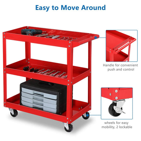 Beefy 3 Tier Rolling Tool Cart with 330 lbs capacity on wheels for garage workshop warehouse and repair shop red finish
