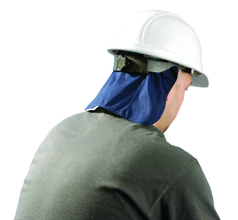 Person wearing Blue MiraCool Evaporative Cotton Cooling Pad For Hard Hats With Neck Shade And Hook And Loop Closure Deluxe Sweat Absorbing Comfort