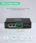 Heavy Duty Industrial Gigabit PoE Plus Splitter With Dual DC Outputs And Adjustable Voltage showing 3-36V outputs and connectivity options.